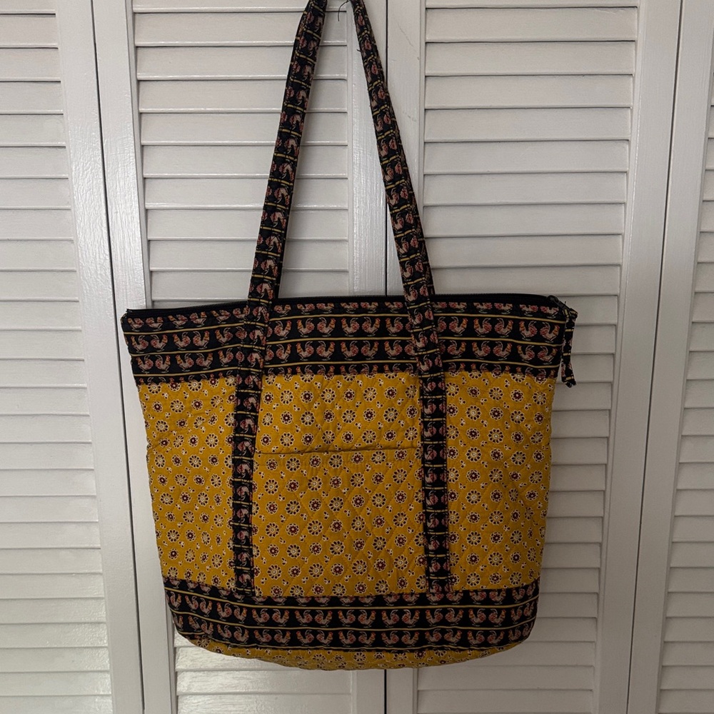 Yellow Patterned Tote Bag with Black Trim